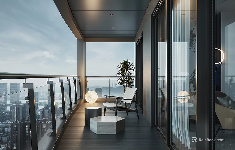 Modern Home Balcony Design With City View Black Railings Wooden Flooring White Chair Green Plant 3d model 