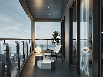 Modern Home Balcony Design With City View Black Railings Wooden Flooring White Chair Green Plant 3d model