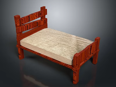 Wooden Bed Frame With Carved Headboard Footboard And Light Beige Mattress 3d model