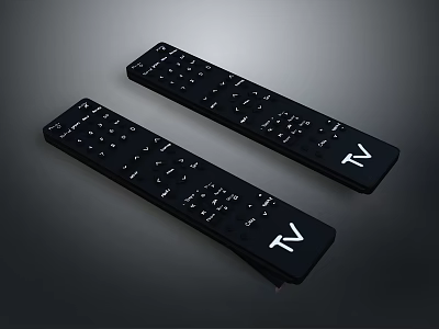 Two Black TV Remote Controls with White Buttons and TV Logo Design 3d model