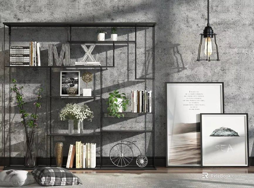 Modern Minimalist Bookcase With Books Green Plants And Framed Pictures On Gray Wall 3d model 