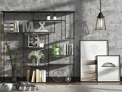 Modern Minimalist Bookcase With Books Green Plants And Framed Pictures On Gray Wall 3d model