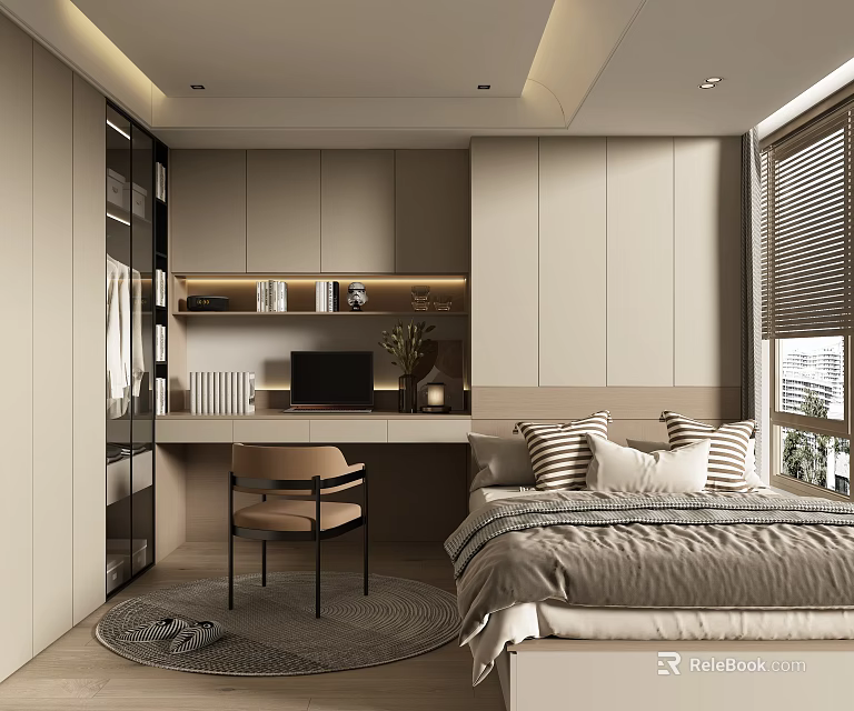 Modern Tatami Bedroom Interior with Tatami Bed Desk Chair Bookshelf and Window Blinds 3d model 