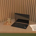 Wooden Curved Wall Decor With Vertical Slats And Wall Mounted Desk With Laptop