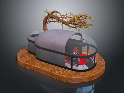 Future Architecture Dome Shaped Design With Transparent Glass Walls Red Seats And Natural Tree Element 3d model