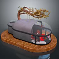 Future Architecture Dome Shaped Design With Transparent Glass Walls Red Seats And Natural Tree Element