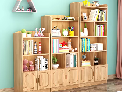 Wooden Combination Bookcase With Shelves Books Toys Plants And Decorations At Home 3d model