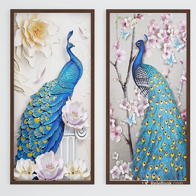 Elegant Blue Peacock Animal Paintings With Floral And Butterfly Decorative Details 3d model 