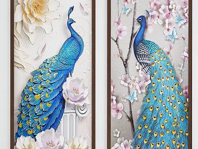 Elegant Blue Peacock Animal Paintings With Floral And Butterfly Decorative Details 3d model