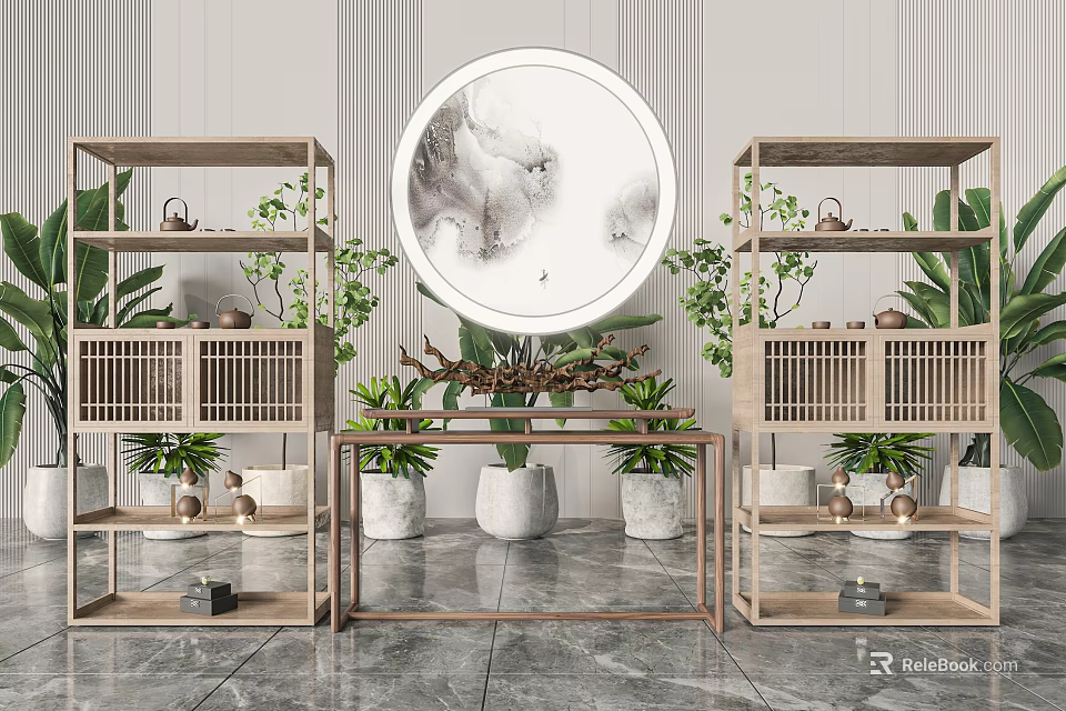 Modern Wooden Bogu Shelves with Green Plants Tea Sets and Round Decorative Painting 3d model 