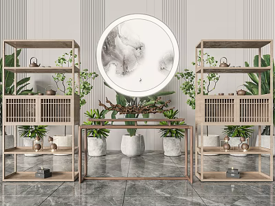Modern Wooden Bogu Shelves with Green Plants Tea Sets and Round Decorative Painting 3d model