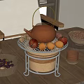 Elegant Copper Tea Set with Fruits Nuts and Small Cups on Wooden Table in Natural Light