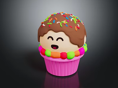 Smiling Cupcake With Chocolate Frosting Colorful Sprinkles Pink Cup And Candy Decorations 3d model
