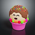 Smiling Cupcake With Chocolate Frosting Colorful Sprinkles Pink Cup And Candy Decorations