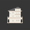 Cartoon Style Pink And Gray Two Story House Model With Balcony Arched Porch And Windows