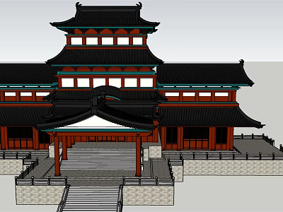 Traditional Chinese Ancient Architecture Featuring Multi Tiered Roofs Red Columns And Stone Steps 3d model