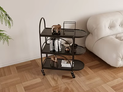 Black Multi tiered Wheeled Storage Trolley In Living Room With Sofa And Plant 3d model