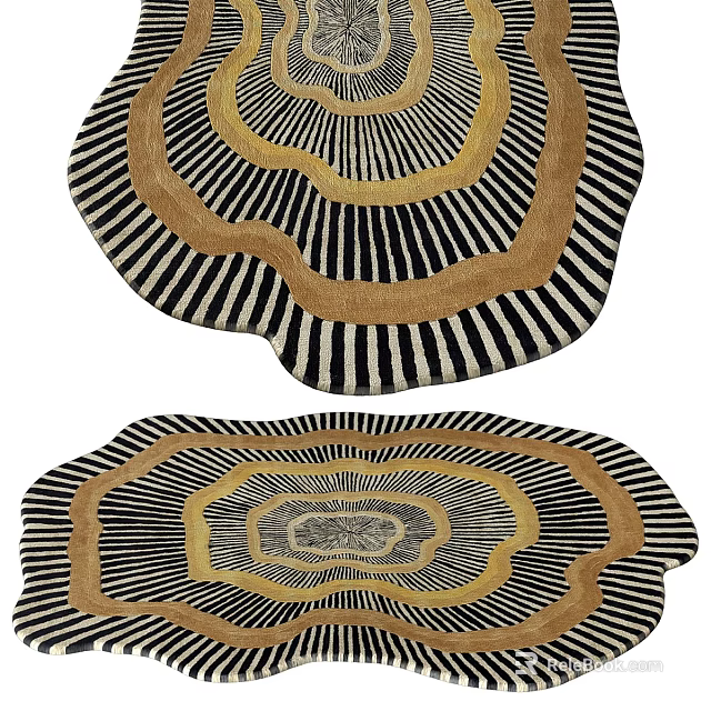 Round Rug With Concentric Black White Stripes Gold Brown Abstract Design 3d model 