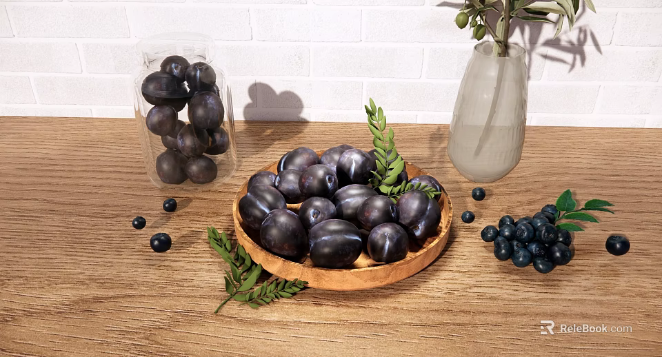 Black Fruits on Wooden Plate with Green Leaves Scattered Small Fruits Near Transparent Vase 3d model 
