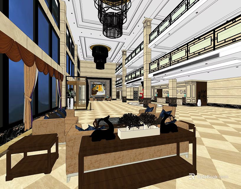 Luxurious Hotel Lobby Interior With Chandelier Columns Large Windows And Sofas 3d model 