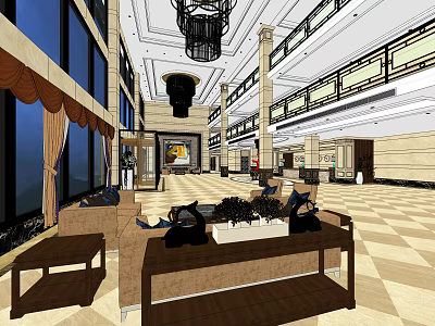 Luxurious Hotel Lobby Interior With Chandelier Columns Large Windows And Sofas 3d model