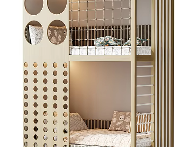 Modern Wooden Kids Bunk Bed With Circular Holes And Comfortable Mattress Pillows 3d model