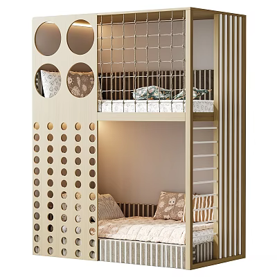 Modern Wooden Kids Bunk Bed With Circular Holes And Comfortable Mattress Pillows 3d model