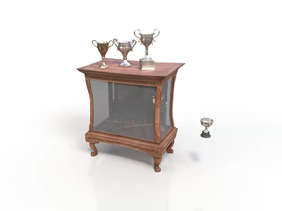 Wooden Display Cabinet with Glass Door Trophies on Top and One Trophy Fallen on Floor 3d model