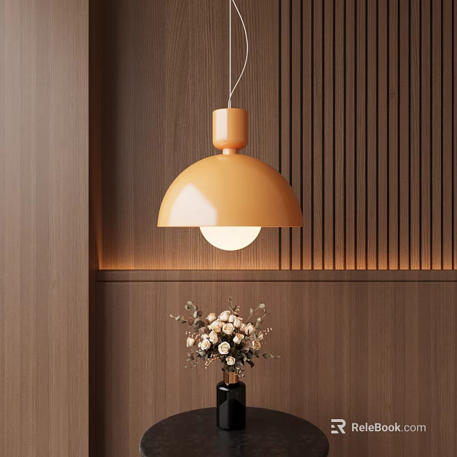 Orange Dome Pendant Light Hanging Over Wooden Wall With Vertical Slats And Flower Vase 3d model 