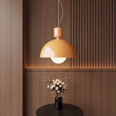 Orange Dome Pendant Light Hanging Over Wooden Wall With Vertical Slats And Flower Vase 3d model