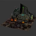 Cartoon Scene With Glowing Blue Pool Orange Lanterns Black Crow And Mossy Rocks