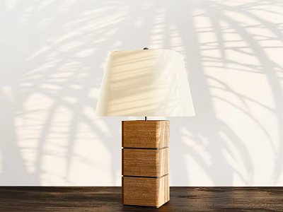 Wooden Table Lamp With Three Tier Stacked Base White Lampshade And Palm Leaf Wall Shadows 3d model