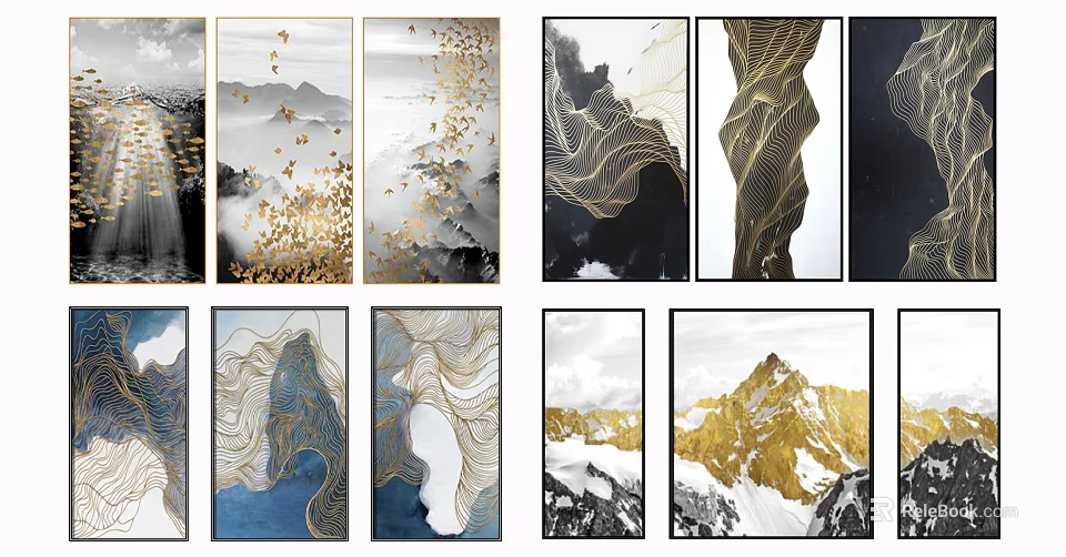 Elegant Modern Abstract Paintings With Golden Lines Wave Textures And Mountain Elements 3d model 