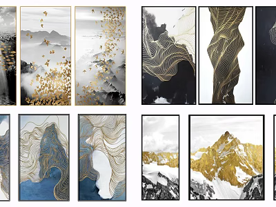 Elegant Modern Abstract Paintings With Golden Lines Wave Textures And Mountain Elements 3d model
