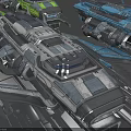 Sci Fi Metallic Spaceships With Mechanical Structures And Engines In Silver Blue Green 3d model