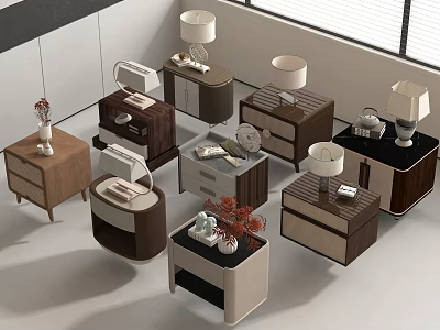Modern Various Designs Bedside Tables with Lamps and Decorative Items 3d model