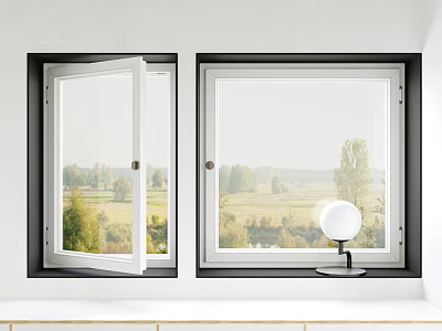 Modern Casement Windows in Room Interior with Natural Scenic View and Table Lamp on Windowsill 3d model