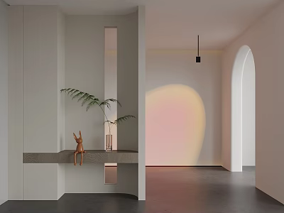 Minimalist Interior Space With Arched Door Soft Pink Light And Plant Decor 3d model