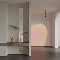 Minimalist Interior Space With Arched Door Soft Pink Light And Plant Decor