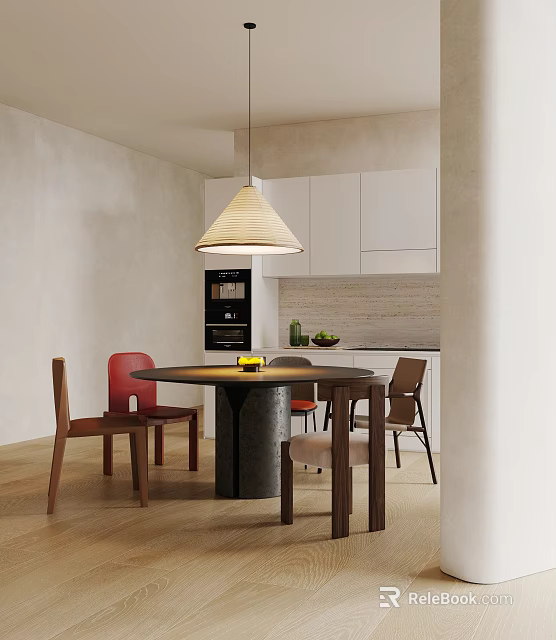 Modern Restaurant Interior Featuring Round Dining Table Woven Pendant Light White Cabinets And Colorful Chairs 3d model 