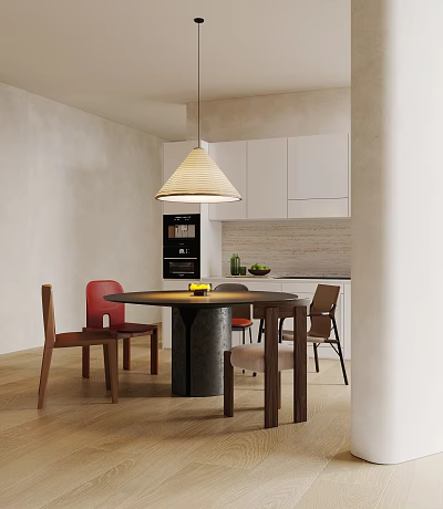 Modern Restaurant Interior Featuring Round Dining Table Woven Pendant Light White Cabinets And Colorful Chairs 3d model