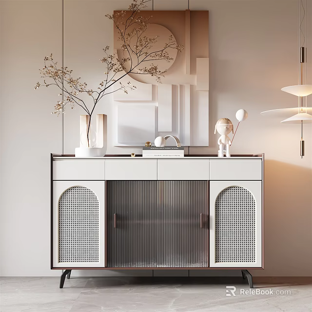 Modern Entryway Sideboard Cabinet With White Glass Doors Metal Legs And Decorative Sculptures 3d model 