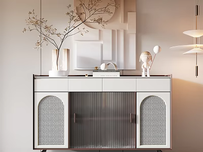 Modern Entryway Sideboard Cabinet With White Glass Doors Metal Legs And Decorative Sculptures 3d model