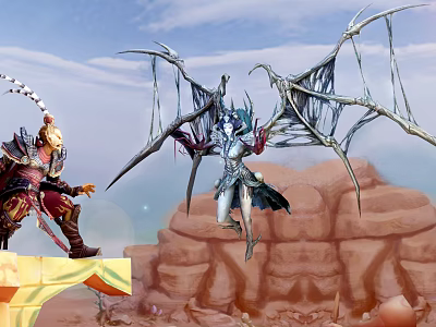 Game and Movie Characters Armored Warrior Confronting Winged Figure in Red Rocky Landscape 3d model