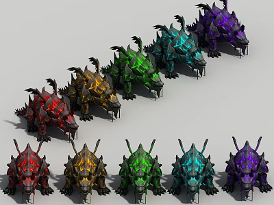 Mythical Creature Characters Featuring Different Colored Dragons Arranged in Rows 3d model