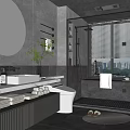 Modern Gray Bathroom Interior With Round Mirror Marble Vanity Shower Area And Green Plant
