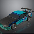 Blue And Teal Race Car With Graffiti Design Rear Spoiler Silver Wheels And Matte Finish