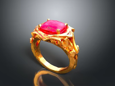 Elegant Gold Ring Featuring Square Red Gemstone And Intricate Ornate Design 3d model