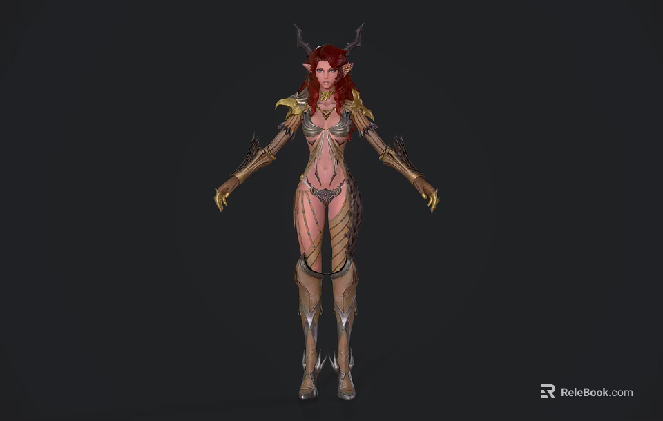 Elven Fantasy Woman With Red Hair Horns And Ornate Outfit Design 3d model 