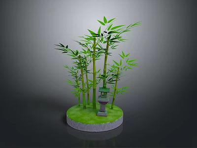 Tall Green Bamboo Plants With Small Lantern On Circular Green Base 3d model
